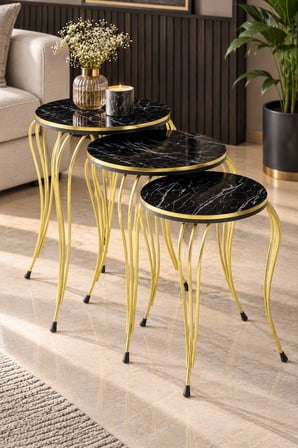 SuloraHome Lükens Ayaklı Mermer Desenli Siyah 3'lü Zigon Sehpa Takımı