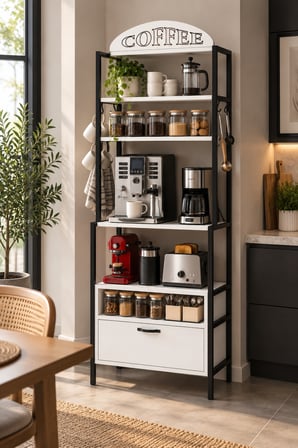 SuloraHome Metal Kahve Köşesi ve Mutfak Düzenleyici Stand 196 cm Beyaz