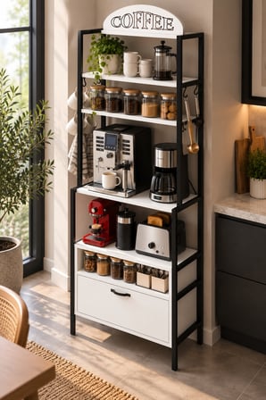 SuloraHome Metal Kahve Köşesi ve Mutfak Düzenleyici Stand 196 cm Beyaz