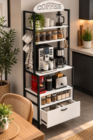 SuloraHome Metal Kahve Köşesi ve Mutfak Düzenleyici Stand 196 cm Beyaz