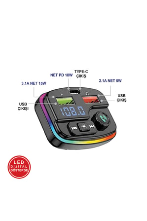 38W PD ve QC Destekli Type-C Çıkışlı Bluetooth FM Modülatör, RGB Işıklı Hızlı Araç Şarj Cihazı