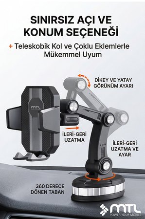 Robot Kollu Çok Eklemli Araç İçi Telefon Tutucu Süper Güçlü Vakumlu Dayanklı Otomatik Kilitli 360°