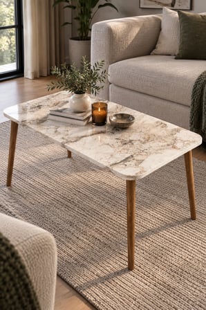 SuloraHome Beyaz Mermer Desenli Torna Ayaklı Orta Sehpa