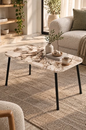 SuloraHome Siyah Metal Profil Ayaklı Mermer Desenli Beyaz Orta Sehpa 90x60 cm