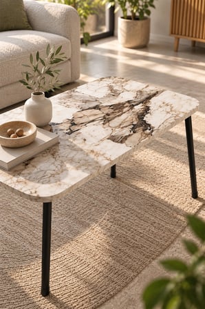 SuloraHome Siyah Metal Profil Ayaklı Mermer Desenli Beyaz Orta Sehpa 90x60 cm