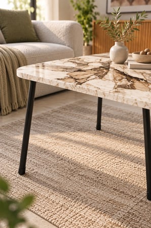 SuloraHome Siyah Metal Profil Ayaklı Mermer Desenli Beyaz Orta Sehpa 90x60 cm