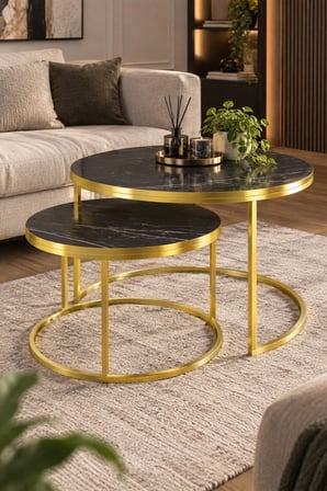 SuloraHome Gold Metal Mermer Desenli 2'li Yuvarlak Orta Sehpa Seti Siyah ve Gold