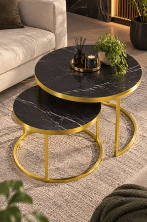 SuloraHome Gold Metal Mermer Desenli 2'li Yuvarlak Orta Sehpa Seti Siyah ve Gold