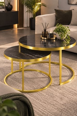 SuloraHome Gold Metal Mermer Desenli 2'li Yuvarlak Orta Sehpa Seti Siyah ve Gold