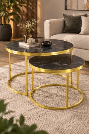 SuloraHome Gold Metal Mermer Desenli 2'li Yuvarlak Orta Sehpa Seti Siyah ve Gold