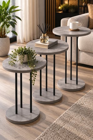 SuloraHome Gri Mermer Desenli Metal Ayaklı 3'lü Zigon Sehpa Takımı