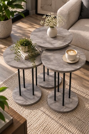 SuloraHome Gri Mermer Desenli Metal Ayaklı 3'lü Zigon Sehpa Takımı