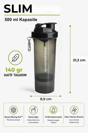 Smartshake Slim Serisi 500 ml Siyah Protein Shaker