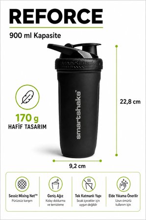 Smartshake Reforce Paslanmaz Çelik Serisi 900 ml Siyah Protein Shaker