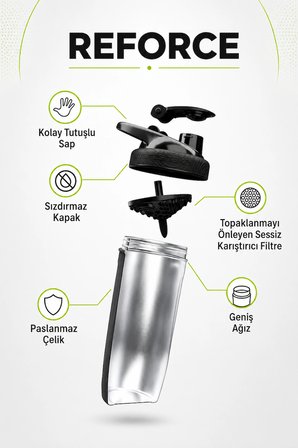 Smartshake Reforce Paslanmaz Çelik Serisi 900 ml Siyah Protein Shaker
