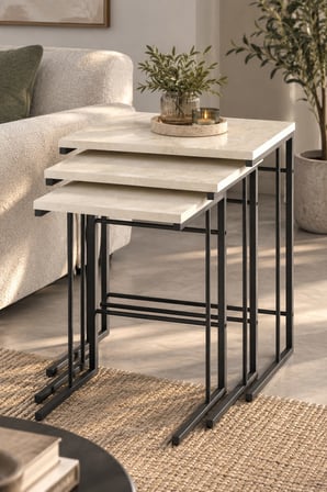 SuloraHome 3'lü Ekru Zigon Sehpa Seti Traverten Desenli Metal Ayaklı