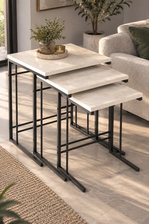 SuloraHome 3'lü Ekru Zigon Sehpa Seti Traverten Desenli Metal Ayaklı