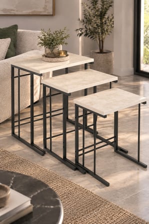 SuloraHome 3'lü Ekru Zigon Sehpa Seti Traverten Desenli Metal Ayaklı