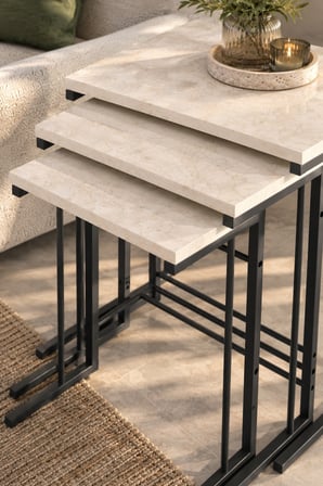 SuloraHome 3'lü Ekru Zigon Sehpa Seti Traverten Desenli Metal Ayaklı
