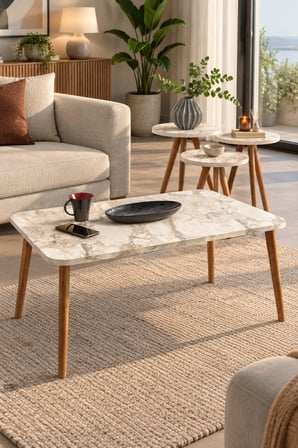 SuloraHome Torna Ayaklı Mermer Desenli 4'lü Sehpa Seti Beyaz