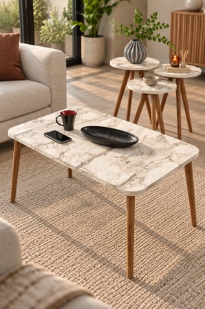SuloraHome Torna Ayaklı Mermer Desenli 4'lü Sehpa Seti Beyaz
