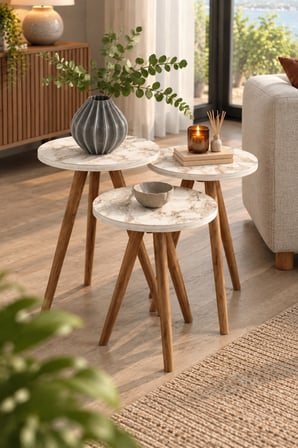SuloraHome Torna Ayaklı Mermer Desenli 4'lü Sehpa Seti Beyaz