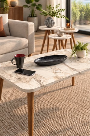 SuloraHome Torna Ayaklı Mermer Desenli 4'lü Sehpa Seti Beyaz