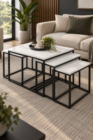 SuloraHome 4'lü Beyaz Orta Sehpa ve Zigon Sehpa Seti Metal Ayaklı