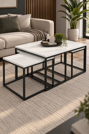 SuloraHome 4'lü Beyaz Orta Sehpa ve Zigon Sehpa Seti Metal Ayaklı