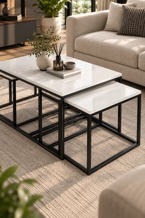 SuloraHome 4'lü Beyaz Orta Sehpa ve Zigon Sehpa Seti Metal Ayaklı