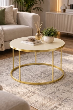 SuloraHome Gold Ayaklı Çekmeceli Yuvarlak Orta Sehpa Krem Bej