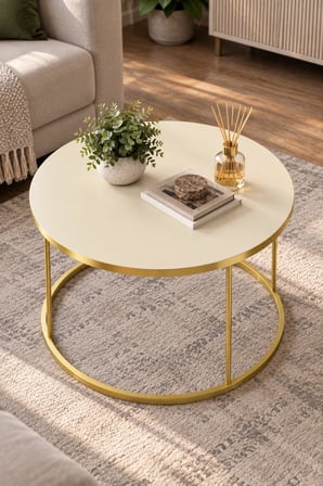 SuloraHome Gold Ayaklı Çekmeceli Yuvarlak Orta Sehpa Krem Bej
