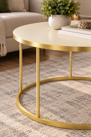 SuloraHome Gold Ayaklı Çekmeceli Yuvarlak Orta Sehpa Krem Bej