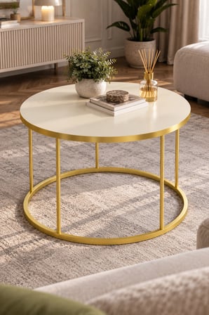 SuloraHome Gold Ayaklı Çekmeceli Yuvarlak Orta Sehpa Krem Bej