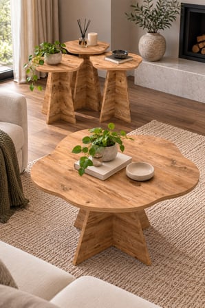 SuloraHome Çiçek Formlu 4'lü Sehpa Seti Kahverengi Atlantik Çam Desenli