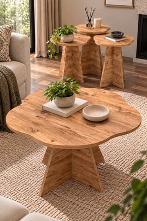 SuloraHome Çiçek Formlu 4'lü Sehpa Seti Kahverengi Atlantik Çam Desenli