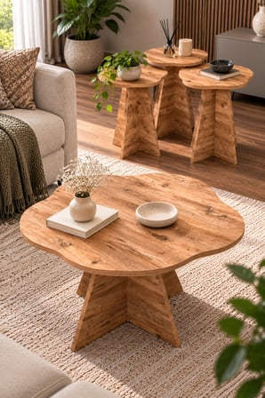 SuloraHome Çiçek Formlu 4'lü Sehpa Seti Kahverengi Atlantik Çam Desenli