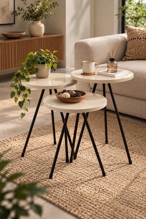 SuloraHome 3'lü Yuvarlak Zigon Sehpa Takımı Krem ve Siyah