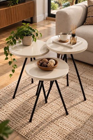 SuloraHome 3'lü Yuvarlak Zigon Sehpa Takımı Krem ve Siyah