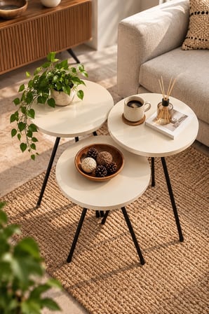 SuloraHome 3'lü Yuvarlak Zigon Sehpa Takımı Krem ve Siyah