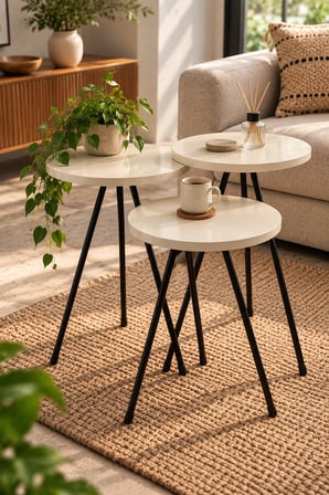 SuloraHome 3'lü Yuvarlak Zigon Sehpa Takımı Krem ve Siyah