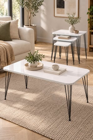 SuloraHome Siyah Tel Ayaklı Beyaz 4'lü Sehpa Seti