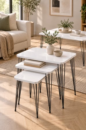 SuloraHome Siyah Tel Ayaklı Beyaz 4'lü Sehpa Seti