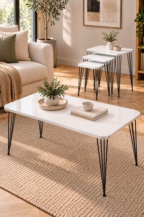 SuloraHome Siyah Tel Ayaklı Beyaz 4'lü Sehpa Seti