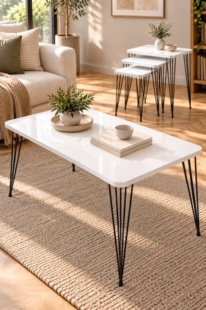 SuloraHome Siyah Tel Ayaklı Beyaz 4'lü Sehpa Seti