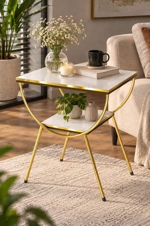 SuloraHome Gold Metal Yan Sehpa ve Komodin Beyaz