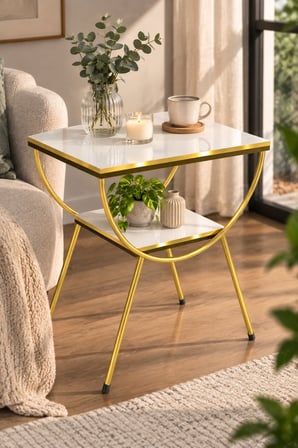 SuloraHome Gold Metal Yan Sehpa ve Komodin Beyaz