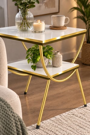 SuloraHome Gold Metal Yan Sehpa ve Komodin Beyaz