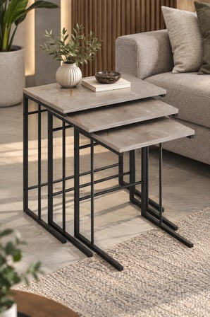 SuloraHome 3'lü Kare Zigon Sehpa Seti Gri Mermer Desenli Metal Ayaklı
