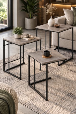 SuloraHome 3'lü Kare Zigon Sehpa Seti Gri Mermer Desenli Metal Ayaklı